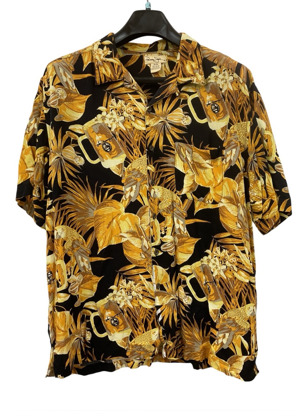 Panama Jack XL Black & Gold Tropical Floral Short-Sleeve Button-Down Shirt